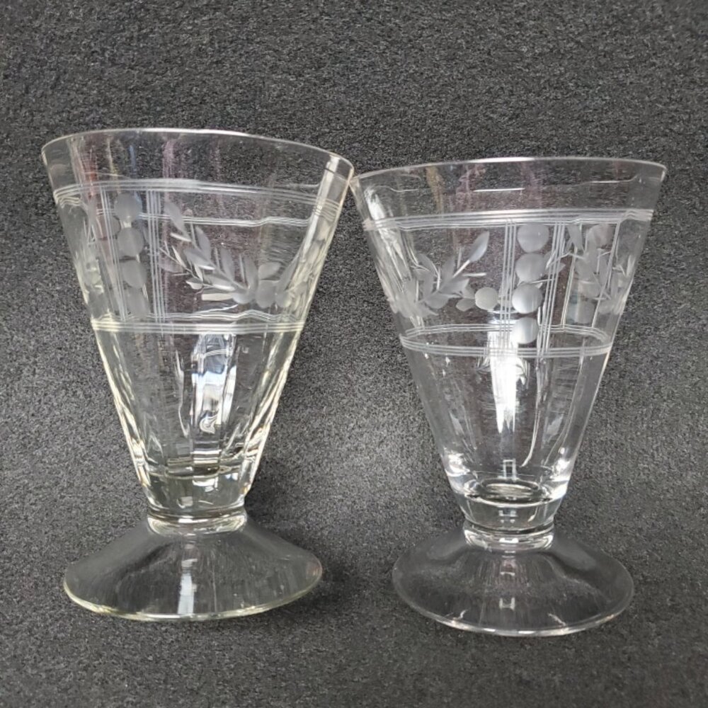 2 Vintage Etched Berry & Leaf Design Parfait Glasses